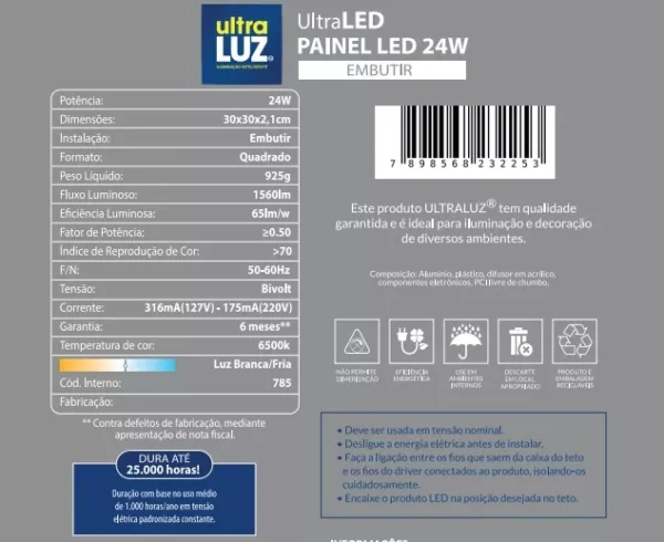 Painel Plafon Ultraluz Led 24w 6500k Embutir Branco Frio Bivolt - Image 6