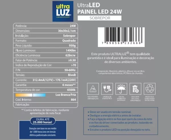 Painel Plafon Ultraluz Led 24w Sobrepor Branco Frio Bivolt - Image 6