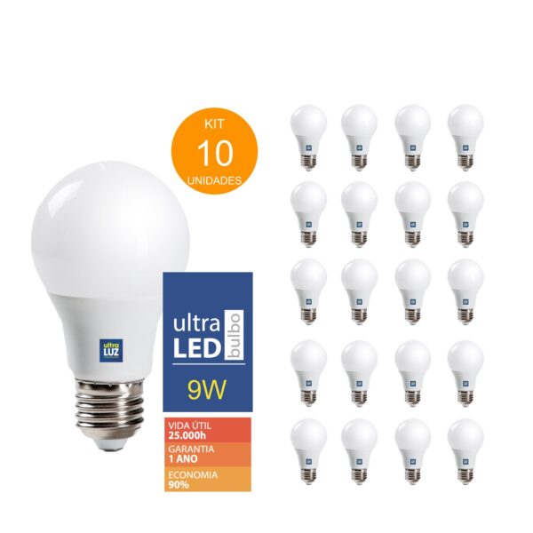 KIT 10 Unidades Lâmpada Led 9w Branco Frio 6500k Bulbo E27